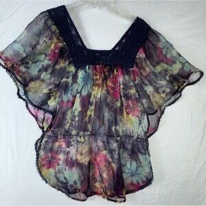 Angie Floral Flutter Sleeve Sheer Flowing Boho Peasant‎ Top Small Shirt Blouse